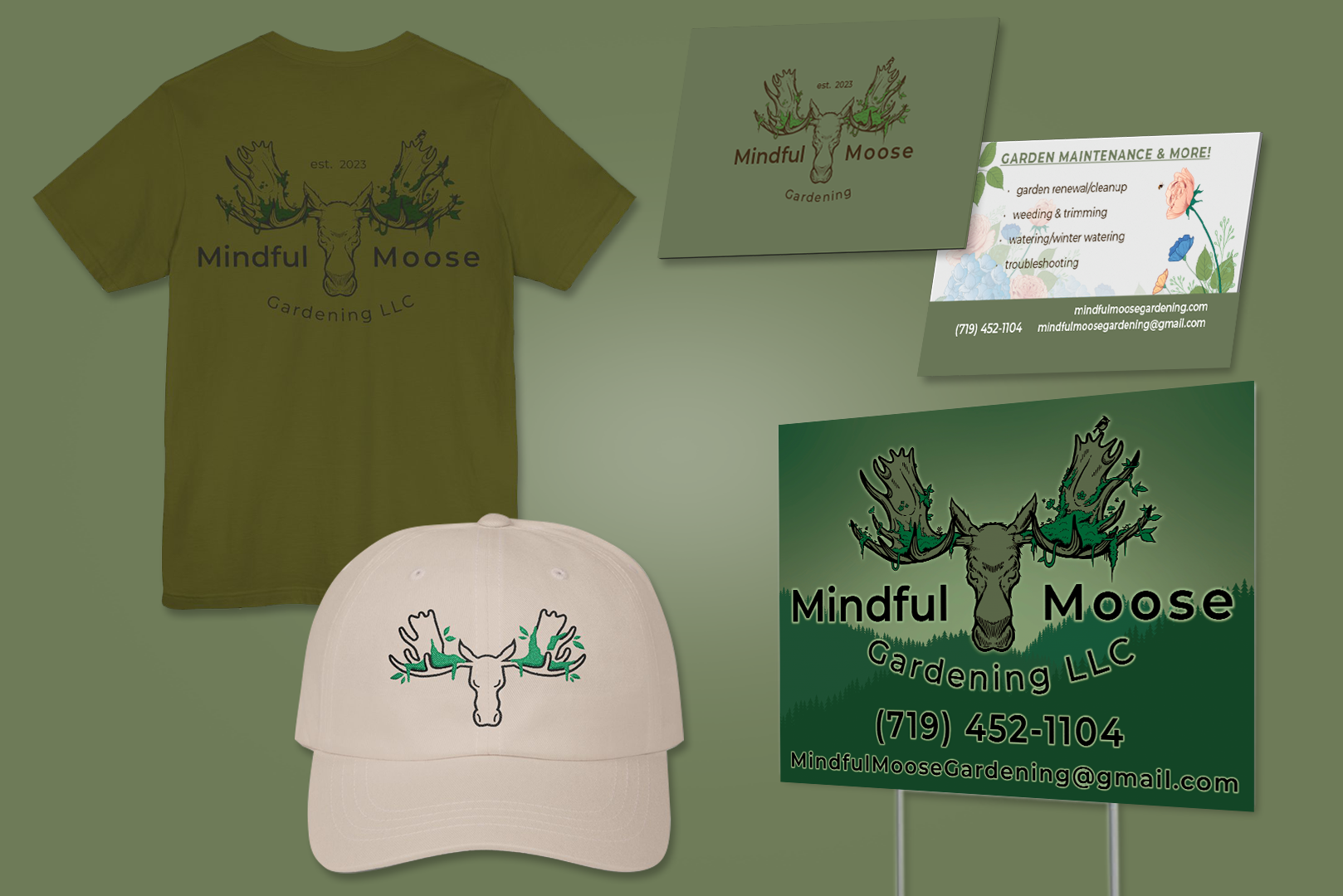 Mindful Moose Gardening branded merchandise and signage