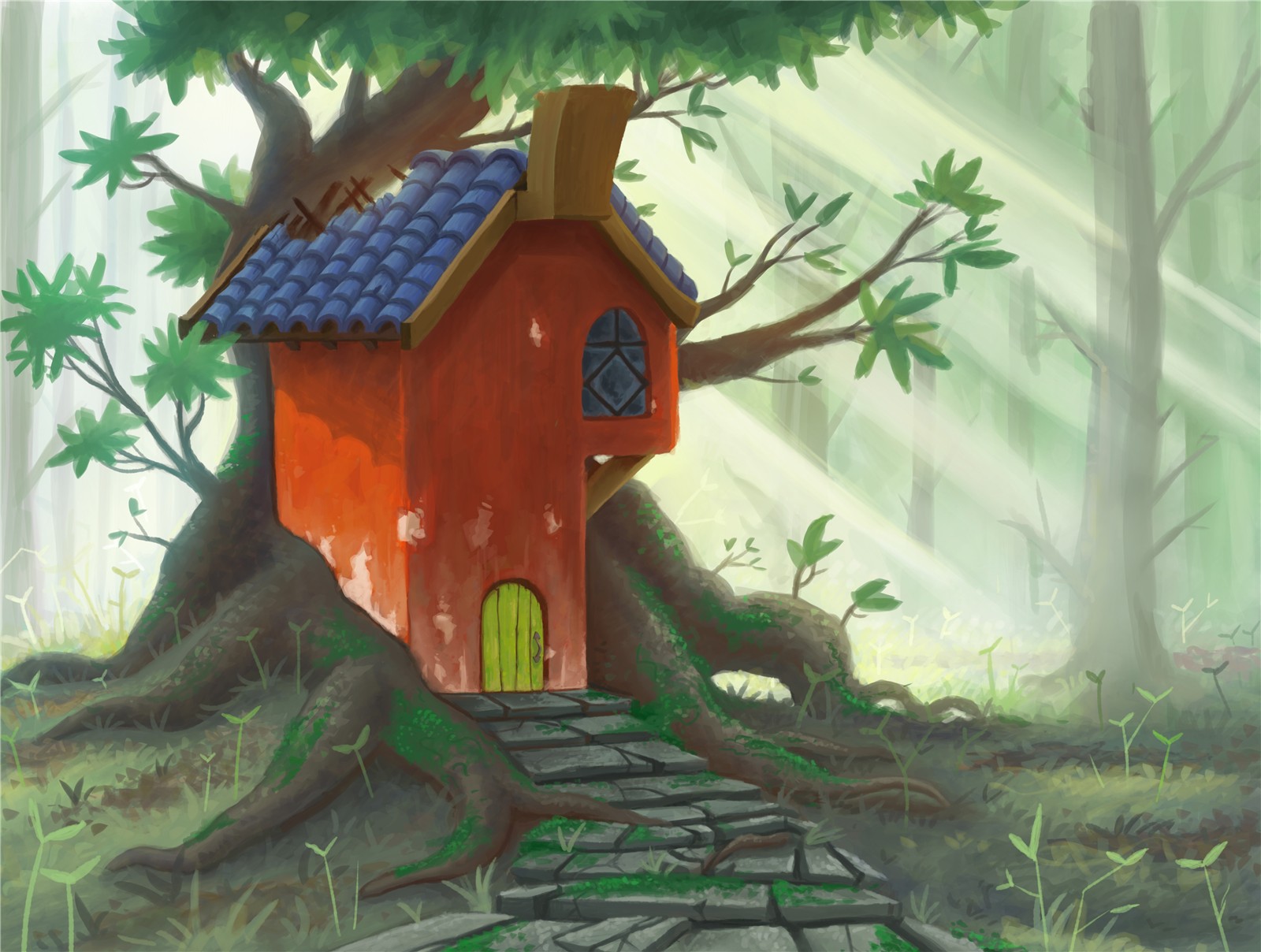 Original painting of an orange forest hut nestled between trees